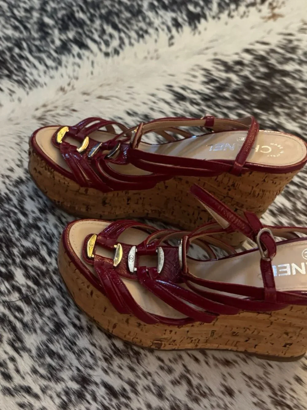 Chanel Red Patent Leather Cork Platform Wedge Gladiator Sandals 37